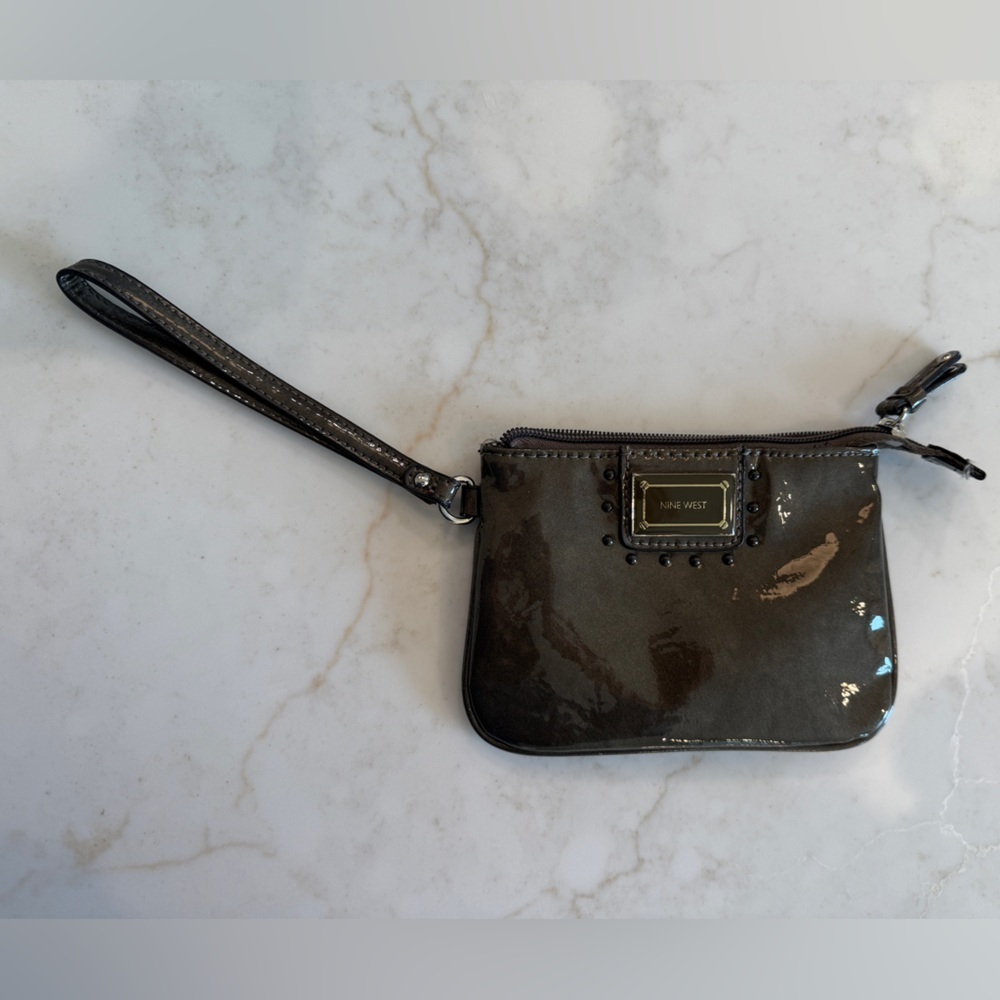 Nine West shiny brown wristlet wallet animal Print lining